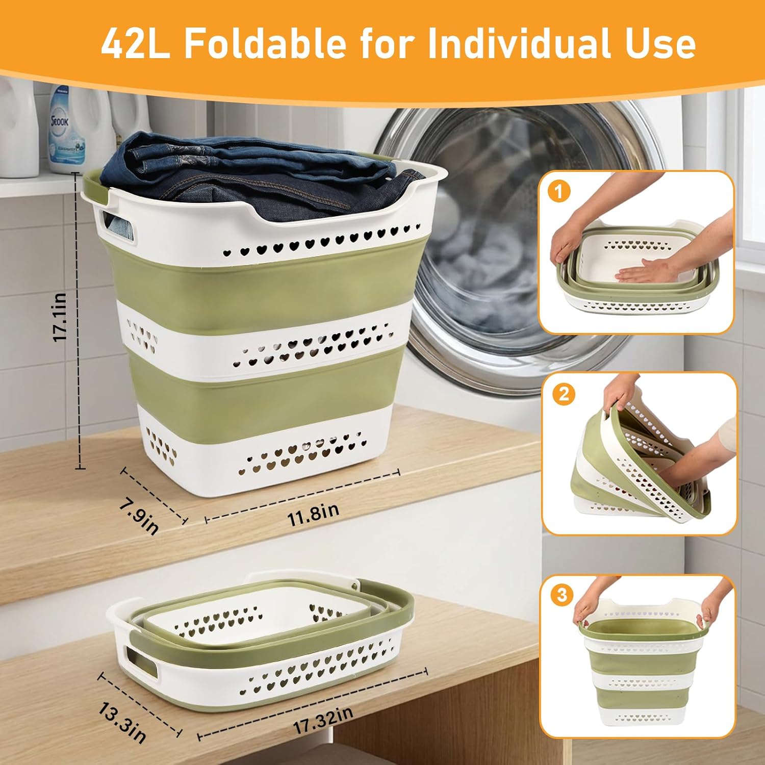 2 Pcs 42L/11.2 Gal Collapsible Laundry Basket - Foldable Plastic Pop Up Hamper with Handles, Space-Saving Storage Organizer for Wet & Dry Clothes, Ideal for Home, Dorm and Apartment Use Green