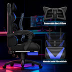 Czlolo Gaming Chair, Racing Style RGB LED Lights Gaming Chairs for Adults and Kids, Lumbar Massager Gamer Chair, High Back Reclining Computer Chair with Footrest and Headrest (Black/Blue)