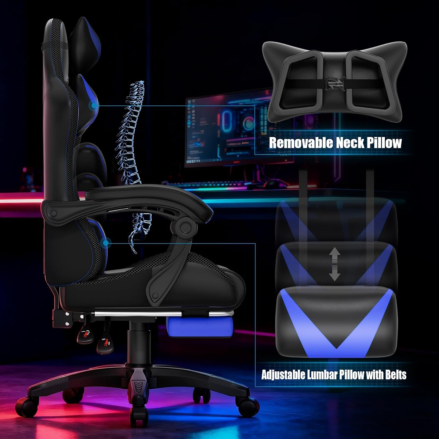 Czlolo Gaming Chair, Racing Style RGB LED Lights Gaming Chairs for Adults and Kids, Lumbar Massager Gamer Chair, High Back Reclining Computer Chair with Footrest and Headrest (Black/Blue)