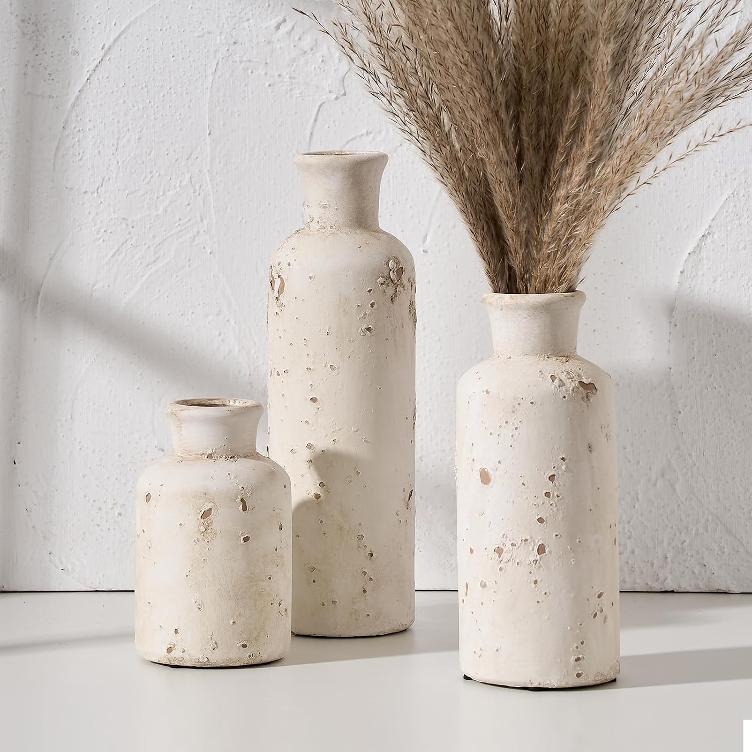 SIDUCAL Ceramic Rustic Farmhouse Vase Set of 3, Whitewashed Terracotta Vase, Clay Decorative Vases for Home Decor, Living Room, Shelf, Mantel Decoration(Rustic White)