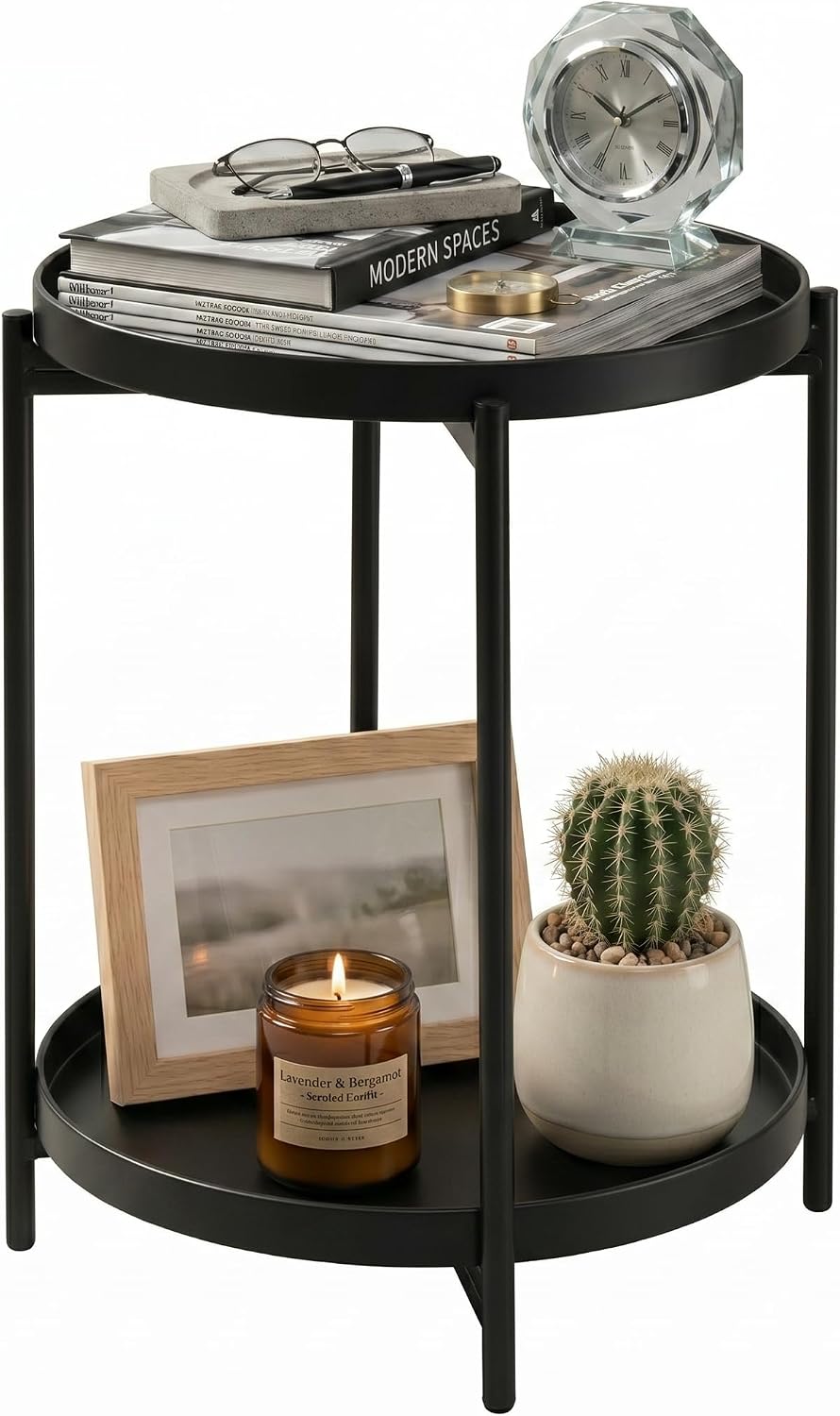 TeoKJ 2 Tier Round Side Table, Folding Round Metal End Table Small Nightstand with Two Removable Tray for Bedroom Living Room Bedside Small Spaces Black