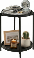 TeoKJ 2 Tier Round Side Table, Folding Round Metal End Table Small Nightstand with Two Removable Tray for Bedroom Living Room Bedside Small Spaces Black