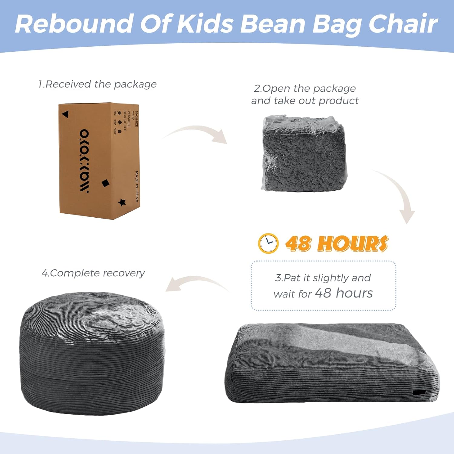 MAXYOYO Bean Bag Chair Bed for Kids, Convertible Bean Bag Folds from Lazy Chair to Floor Bed, Machine Washable Corded Fabric, Stuffed Floor Sofa Couch for Boys and Girls, Dark Grey