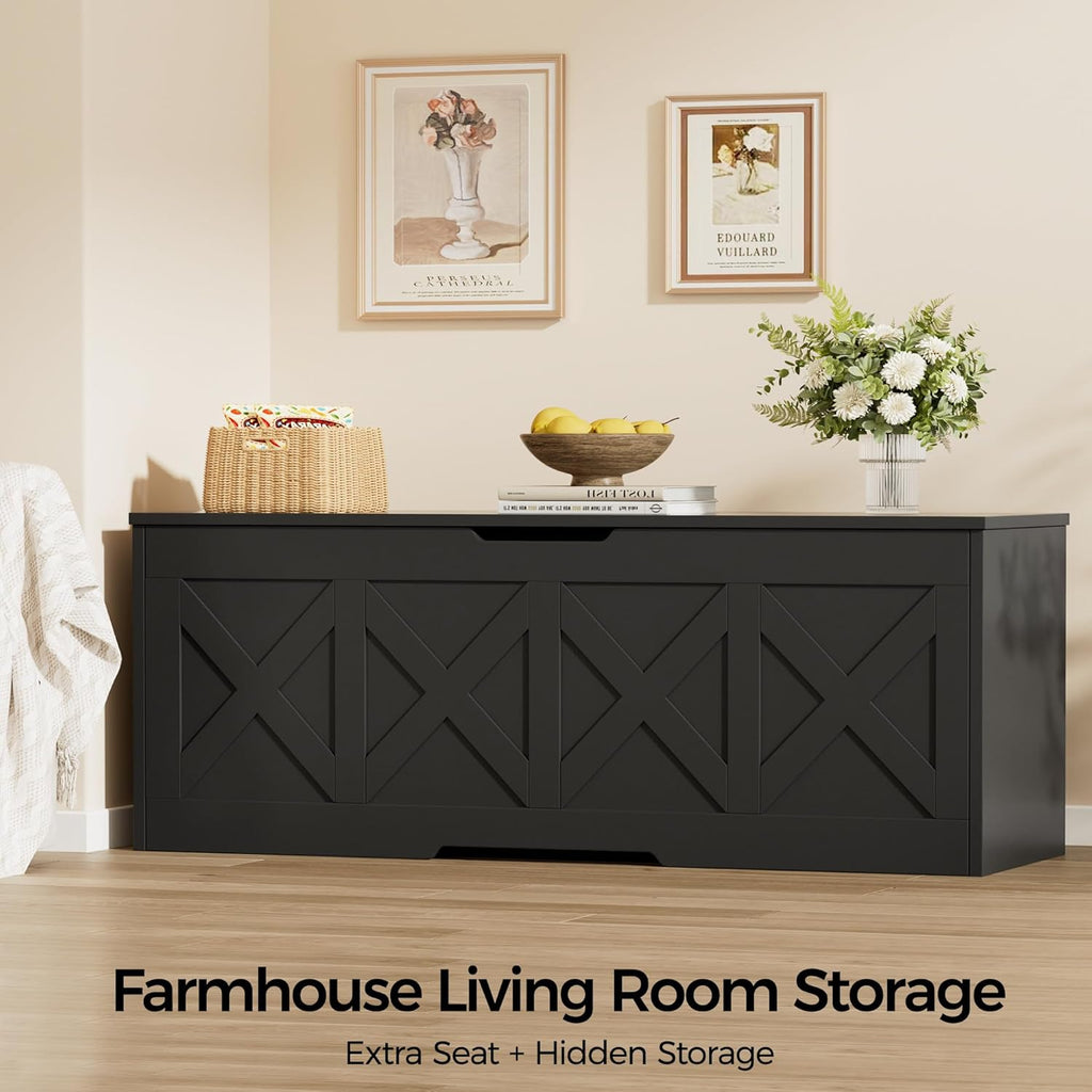 Homleke 47.2" Extra-Large Wooden Storage Chest – Farmhouse Toy Box, Entryway Bench, Bedroom Storage, Safety Hinge, Easy Assembly, Black