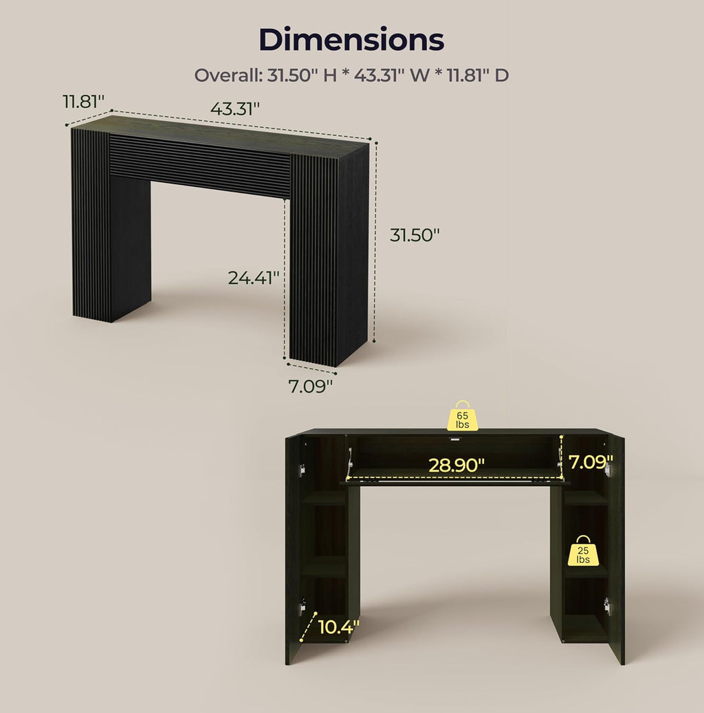 43" Fluted Mid Century Modern Narrow Console Table with Storage, Farmhouse Skinny Entryway Table, Small Entry Table & Storage Cabinet, Sofa Table Behind Couch for Living Room, Hallway, Entrance, Black