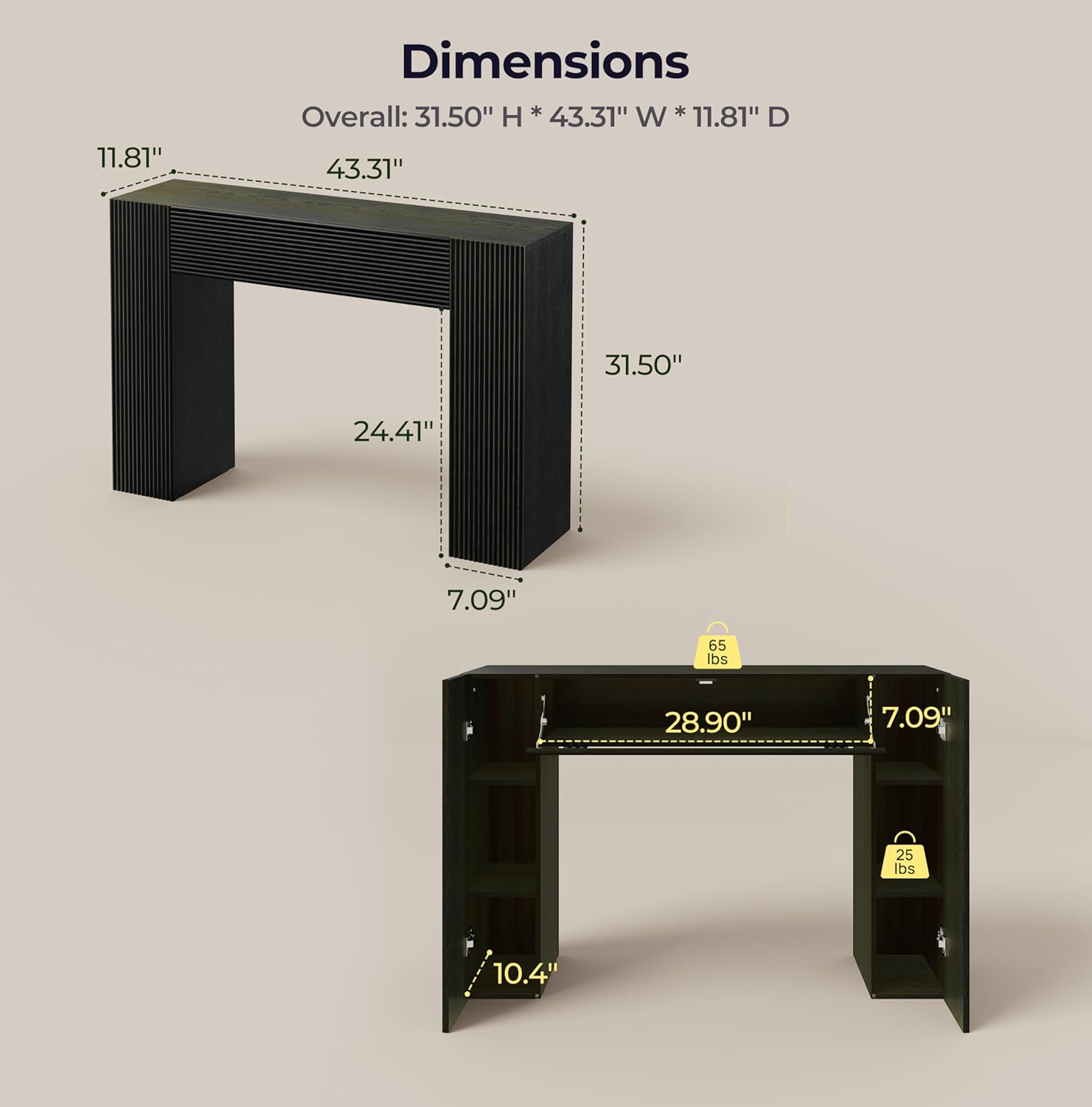 43" Fluted Mid Century Modern Narrow Console Table with Storage, Farmhouse Skinny Entryway Table, Small Entry Table & Storage Cabinet, Sofa Table Behind Couch for Living Room, Hallway, Entrance, Black