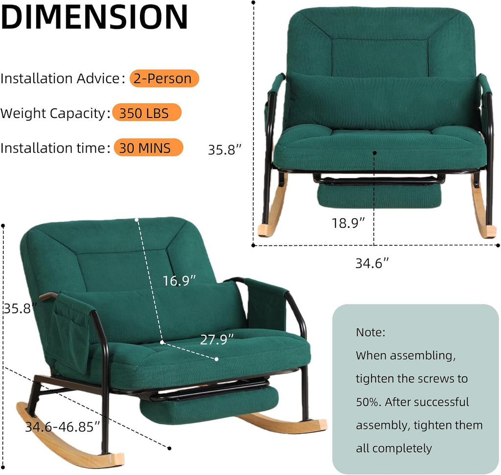 Oversized Reclining Rocking Chair with Foot Rest, 110°–160° Adjustable Backrest, Upholstered Armchair with Side Pocket for Nursery and Living Room, Green