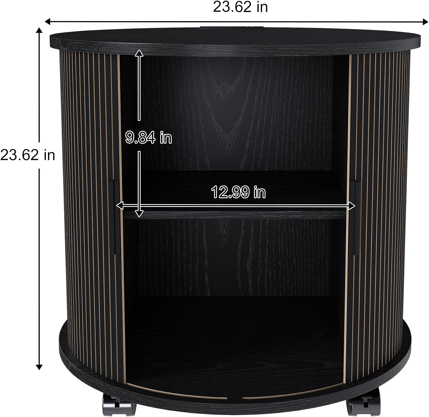 Mid Century Modern Side Tables Living Room with Charging Station, Small Side Table with Sliding Door, 24" Large Round End Tables Living Room with 2-Tier Storage, Black Nightstand for Bedroom, Entryway