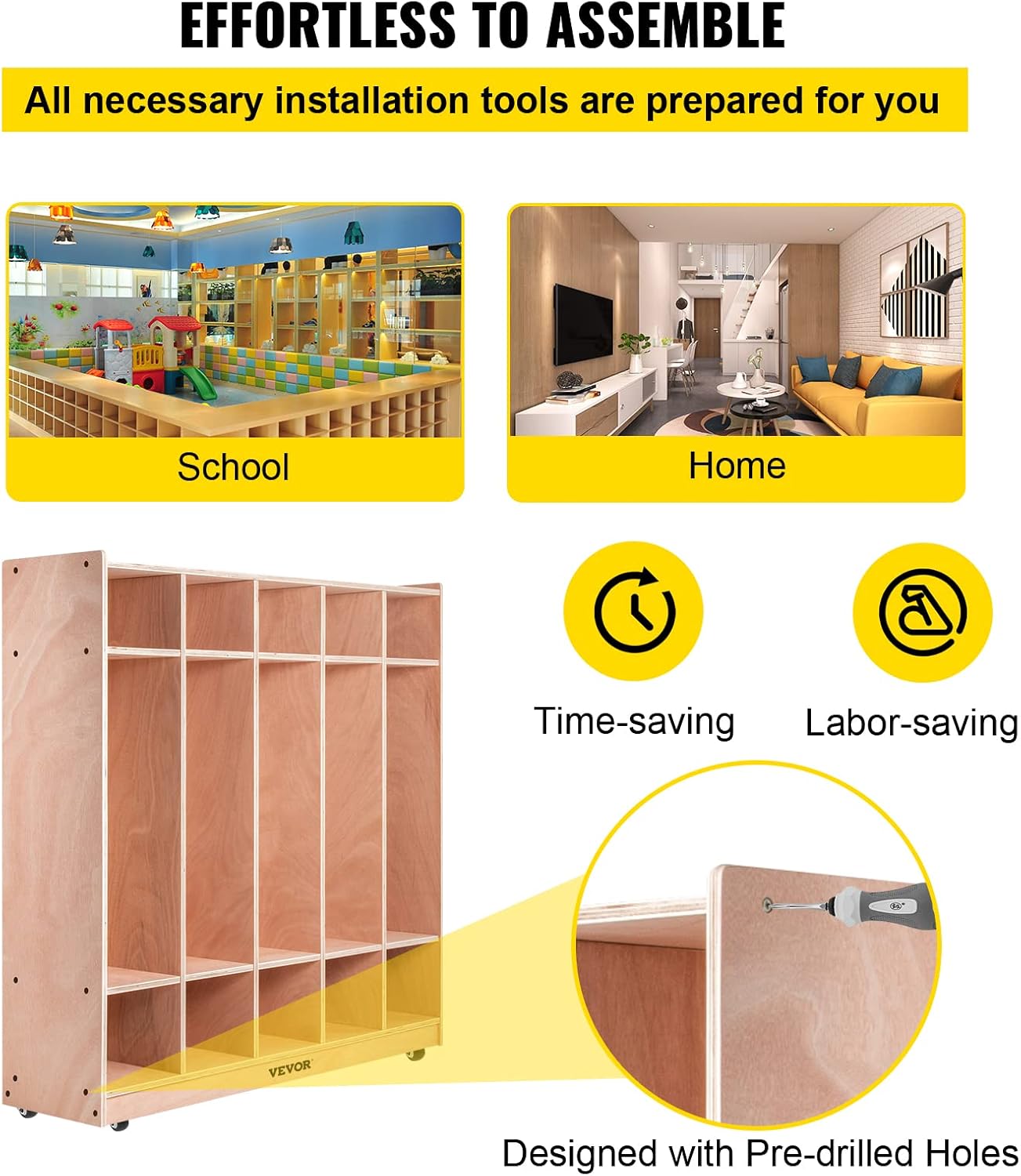 VEVOR 5-Section Classroom Coat Locker, 10 Cubbies for Daycare, Classroom Cubbies with 4 Casters & 5 Hooks, Daycare Furniture for Home, School, Nursery, Kindergarten