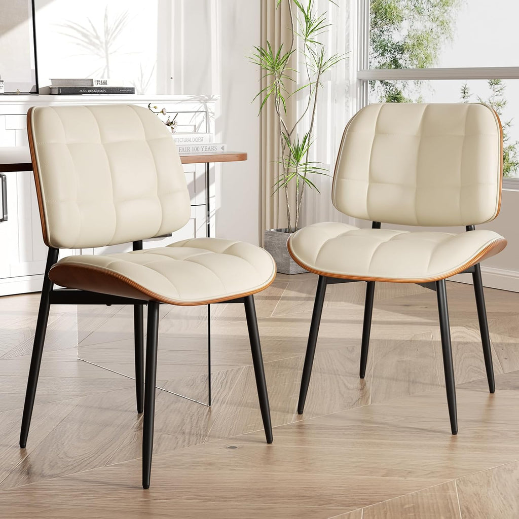Dining Chairs Set of 2, Mid Century Modern Dining Room Chair with Thick Cushion, Upholstered Faux Leather Kitchen Chairs with Walnut Bentwood Back for Kitchen Dining Room, Beige