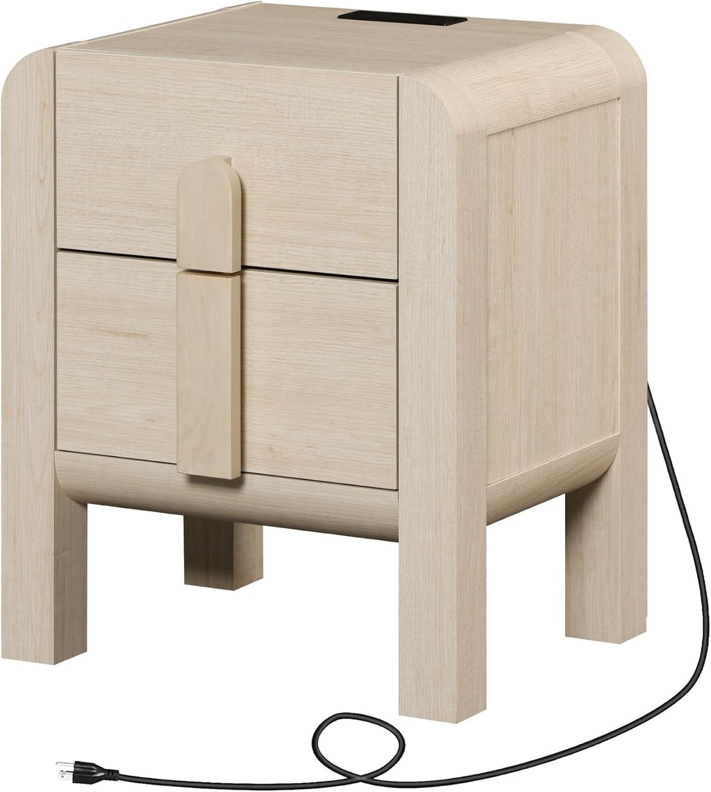 WAMPAT 23.7" Tall Beige Nightstand with Charging Station, Modern Mid Century End Table Wood Bedside Table w/2 Storage Drawers, Side Table Bedside Cabinet for Bedroom,Living Room