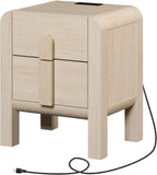 WAMPAT 23.7" Tall Beige Nightstand with Charging Station, Modern Mid Century End Table Wood Bedside Table w/2 Storage Drawers, Side Table Bedside Cabinet for Bedroom,Living Room