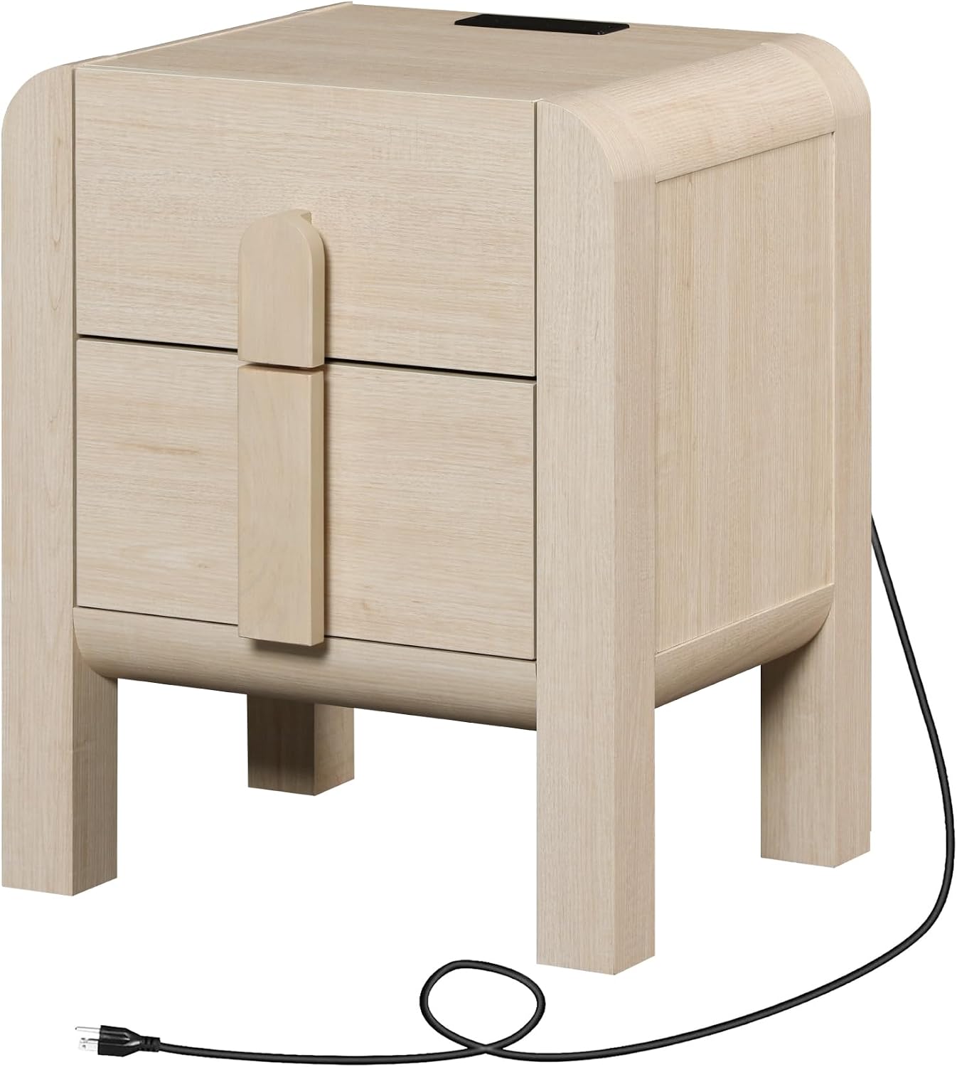 WAMPAT 23.7" Tall Beige Nightstand with Charging Station, Modern Mid Century End Table Wood Bedside Table w/2 Storage Drawers, Side Table Bedside Cabinet for Bedroom,Living Room