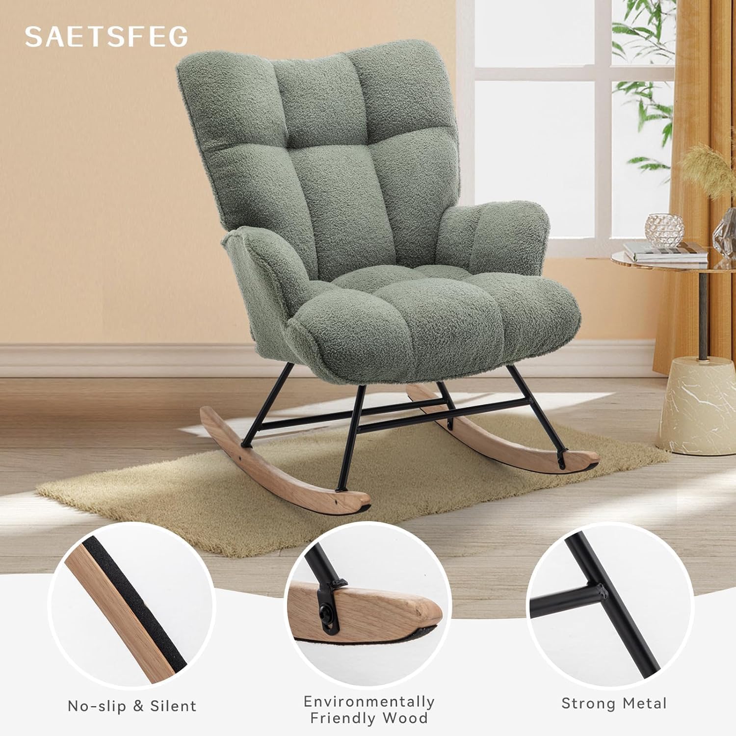 SAETSFEG Rocking Chair Nursery Teddy Upholstered Glider Rocker Small Rocking Chair Indoor Nursering Chair for Small Space Green