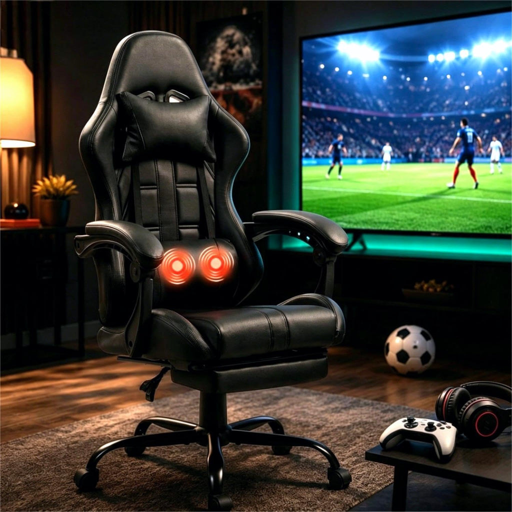 ECOTOUGE Massage Gaming Chair, Video Game Chair with Footrest, Ergonomic Computer Chair with Headrest and Massage Lumbar Support, Height Adjustable High Back Office Desk Chair with 360° Swivel, Black