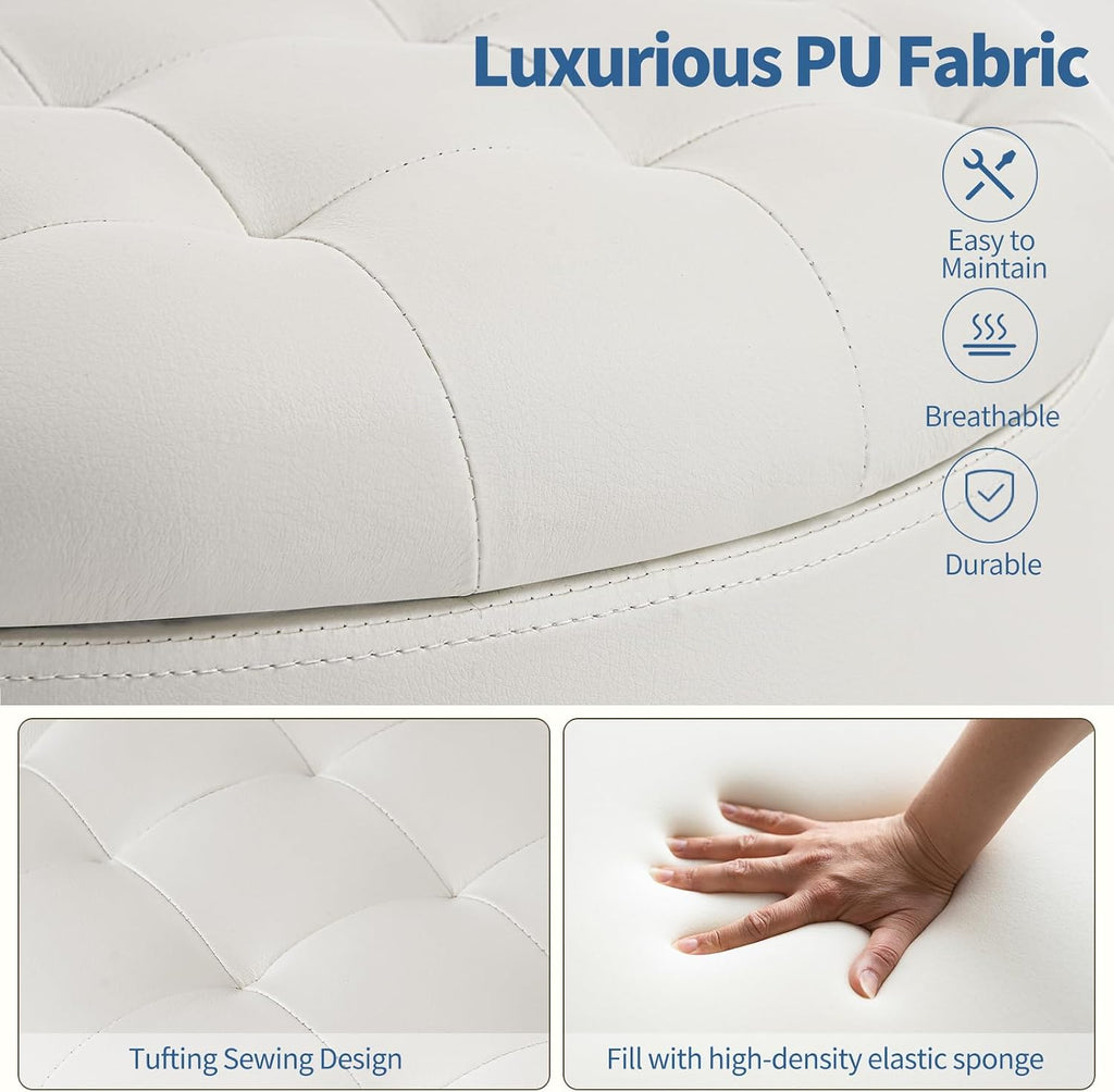 Furniliving Upholstered Button Tufted Round Ottoman with Wheels, PU Storage Ottoman Round, Removable Lid Convenient Footstools, Classic Ottoman with Storage for Vanity, Nursery Room, IvoryWhite