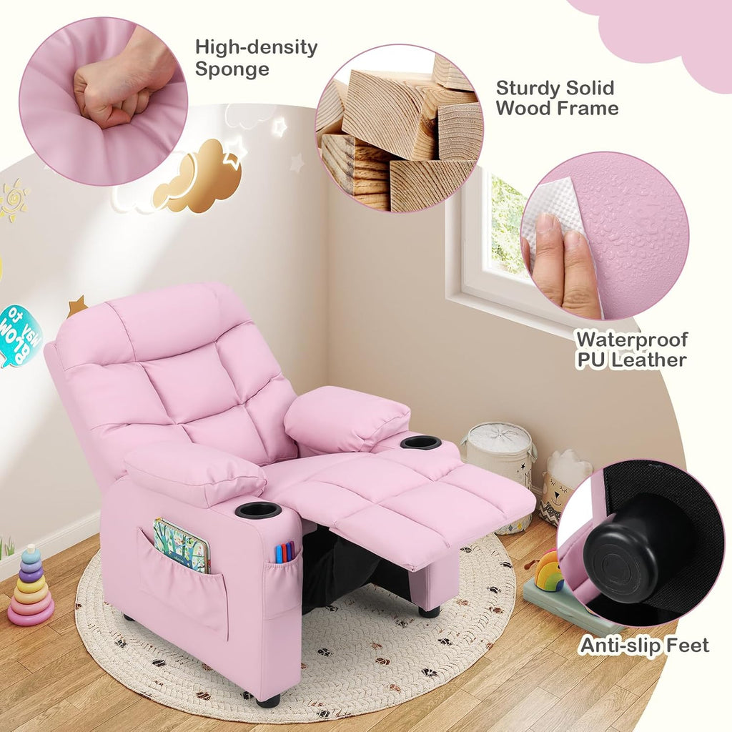 Kids Recliner, Kids Recliner Chair w/ 2 Cup Holders, PU Leather Chairs Comfy w/Adjustable Backrest & 3 Pockets, Toddler Furniture Sofa for Boys Girls Aged 3+