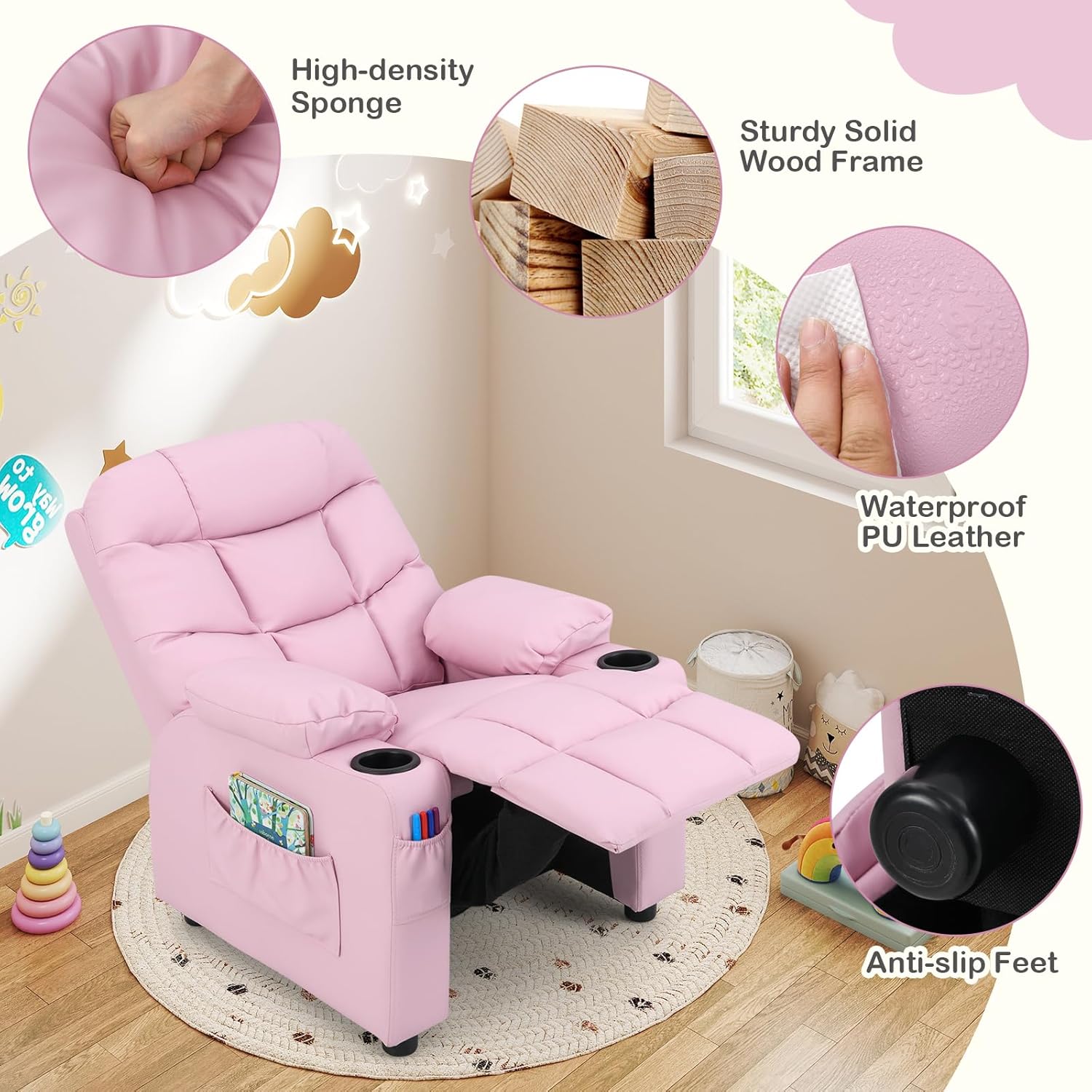 Kids Recliner, Kids Recliner Chair w/ 2 Cup Holders, PU Leather Chairs Comfy w/Adjustable Backrest & 3 Pockets, Toddler Furniture Sofa for Boys Girls Aged 3+