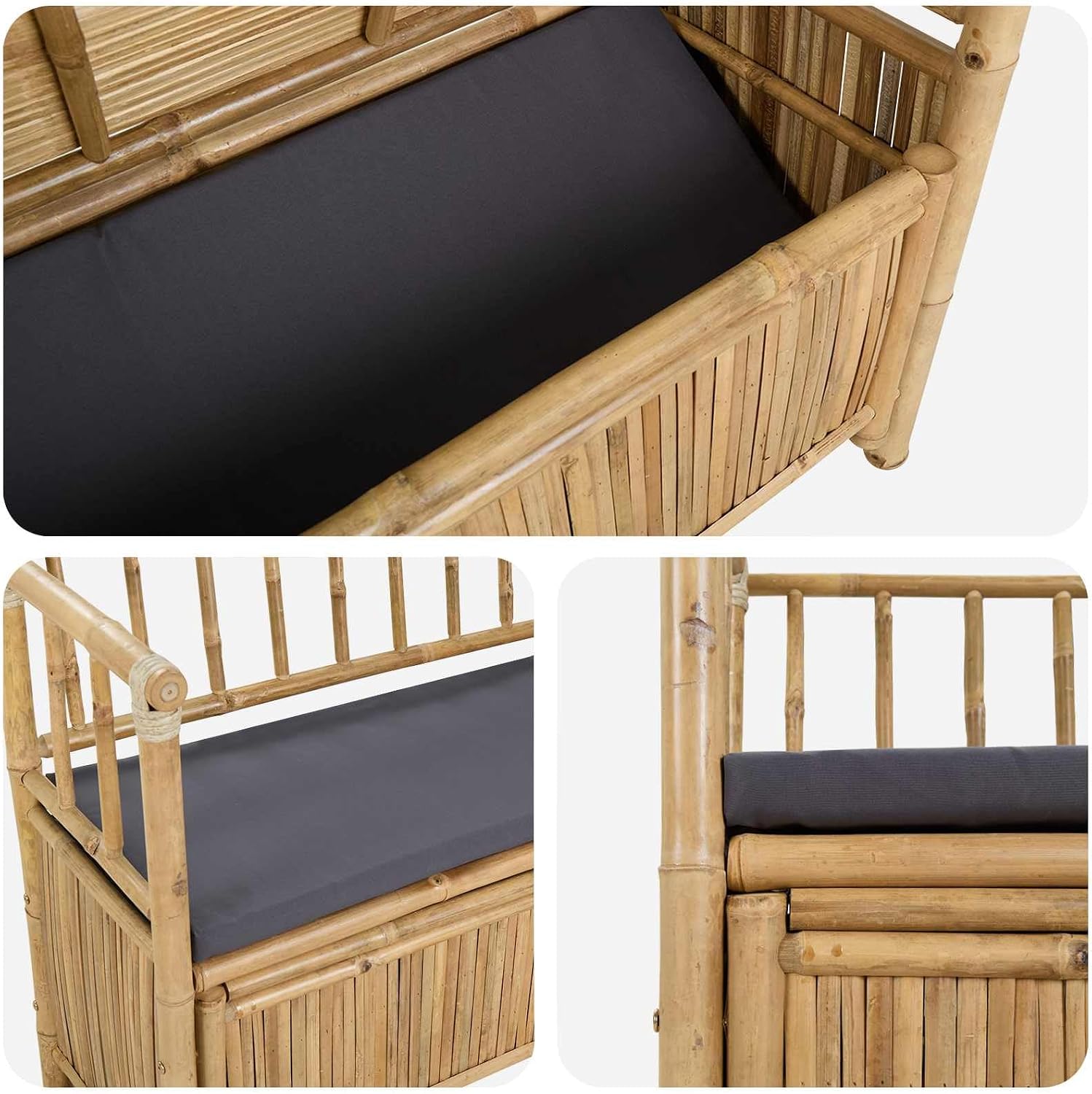 Bamboo Garden Storage Bench 110 x 47 x 80 cm, Outdoor Patio Seat with Hidden Compartment, Natural Finish Post Leg Design for Indoor or Outdoor Use