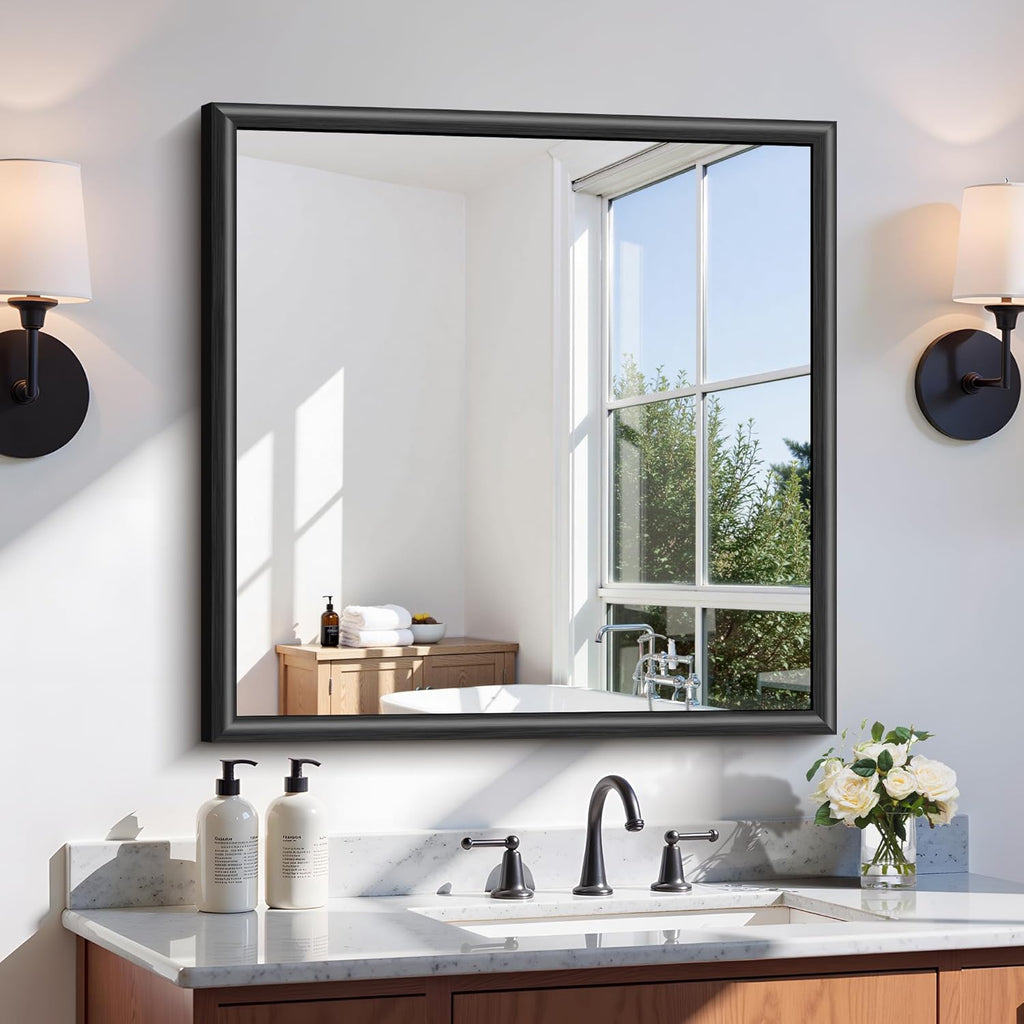 30x30 Square Black Mirror, Raised Metal Framed Bathroom Mirrors for Over Sink, Shatterproof Tempered Glass, Anti-Rust, Brushed Black Modern Vanity Mirrors for Bedroom, Living Room and Entryway