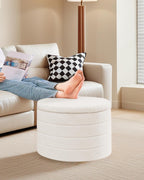 22 Inch Round Boucle Ottoman with Storage, Sherpa Teddy Fabric Ottoman Footstool, Folding Storage Foot Rest for Bedroom, Living Room Dorm, White