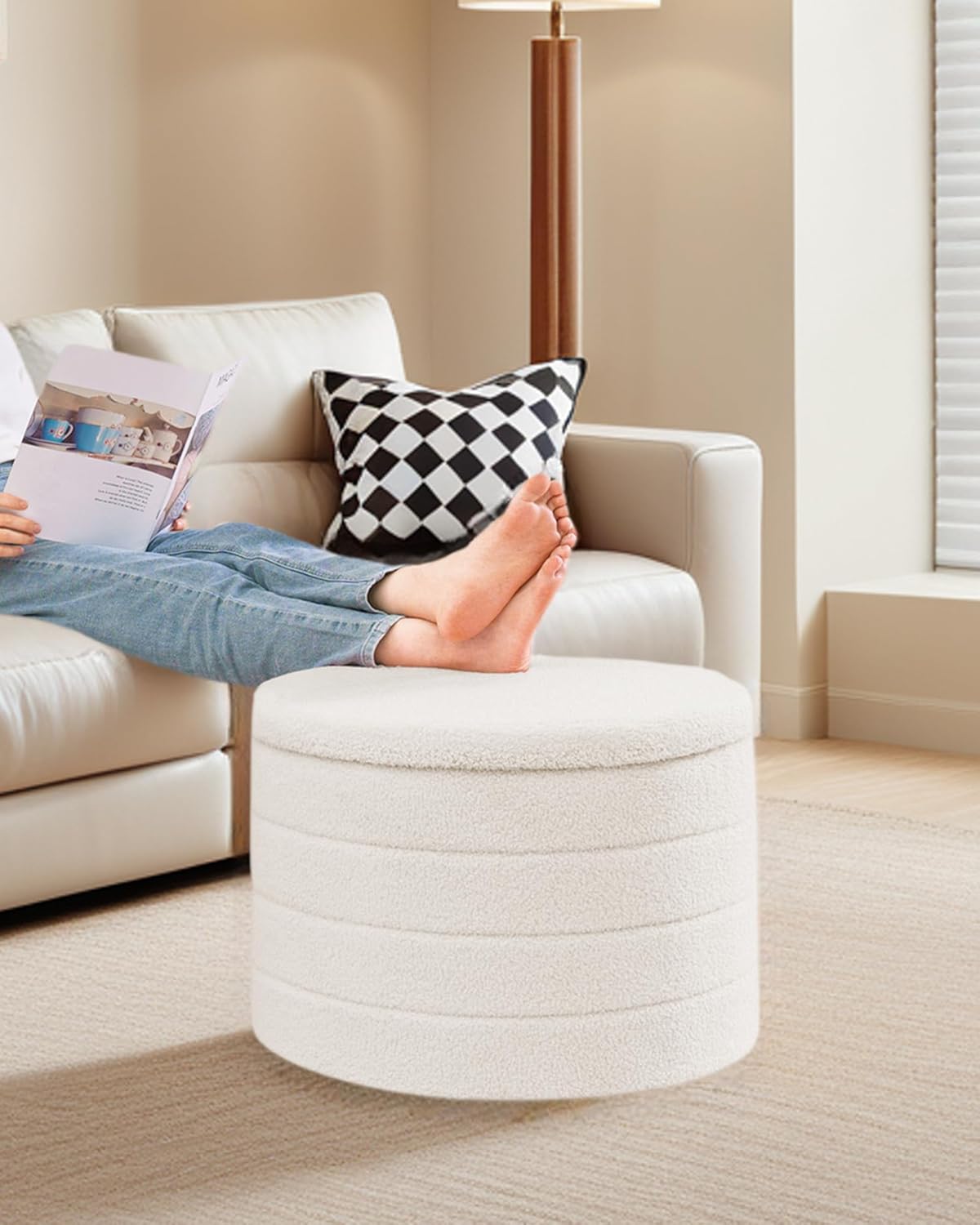22 Inch Round Boucle Ottoman with Storage, Sherpa Teddy Fabric Ottoman Footstool, Folding Storage Foot Rest for Bedroom, Living Room Dorm, White