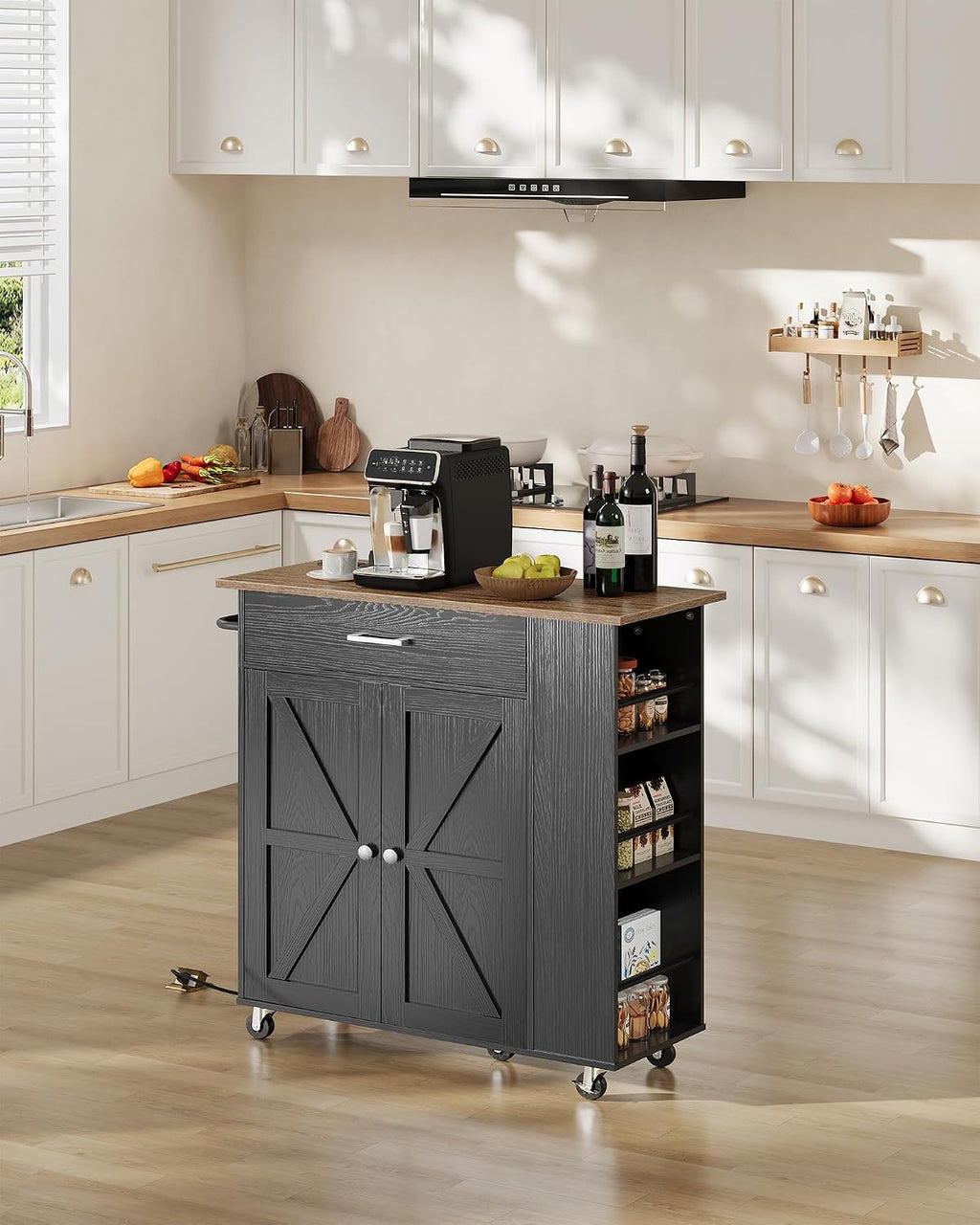 CHOEZON Kitchen Island Cart with Storage, Bar Cart with Charging Station, Kitchen Island on Wheels, Rolling Mobile Table with Cabinet, 3 AC Outlets, Black and Walnut MZD04UBL
