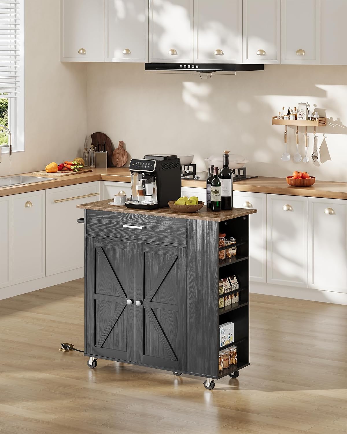 CHOEZON Kitchen Island Cart with Storage, Bar Cart with Charging Station, Kitchen Island on Wheels, Rolling Mobile Table with Cabinet, 3 AC Outlets, Black and Walnut MZD04UBL