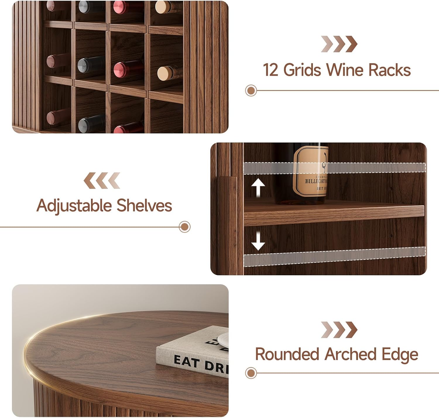 55 Inch Fluted Wine Bar Cabinet, Liquor Cabinet with LED Light, Coffee Bar Cabinets with Storage, Mid-Century Modern Bar Cabinet with Charge Station Wine Racks for Kithcen (Walnut)
