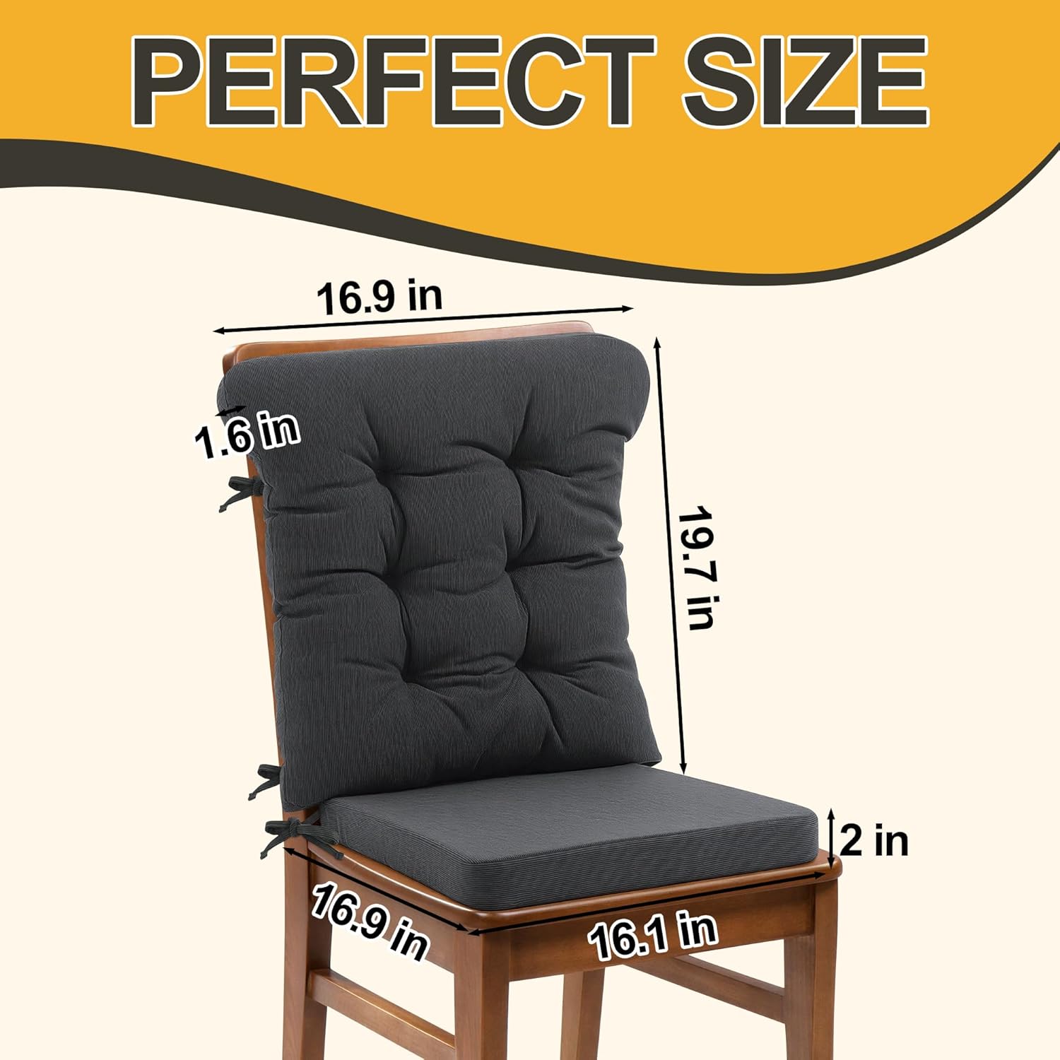 ROYALAY 2 Sets Cushions for Kitchen Chairs, Dining Chair Back Cushion with Straps, Dining Room Seat Pad & Back Pad with Removable Cover, Grey