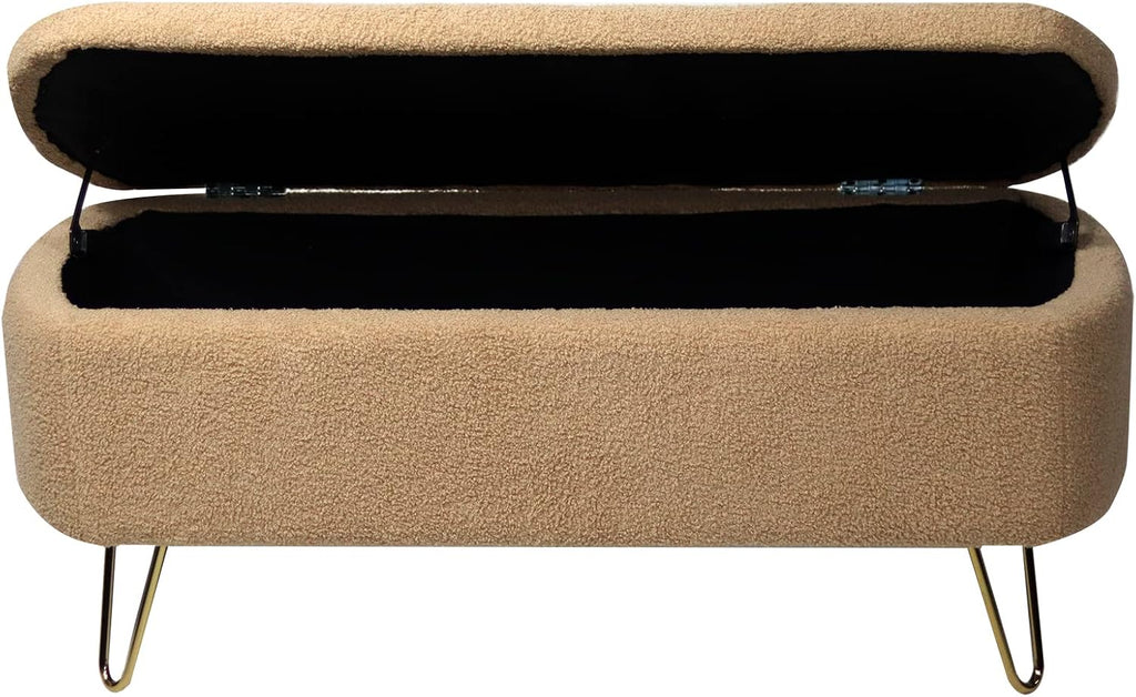 Storage Ottoman Bench for End of Bed Gold Legs, Modern Faux Fur Entryway Bench Upholstered Padded with Storage for Living Room Bedroom (Camel)