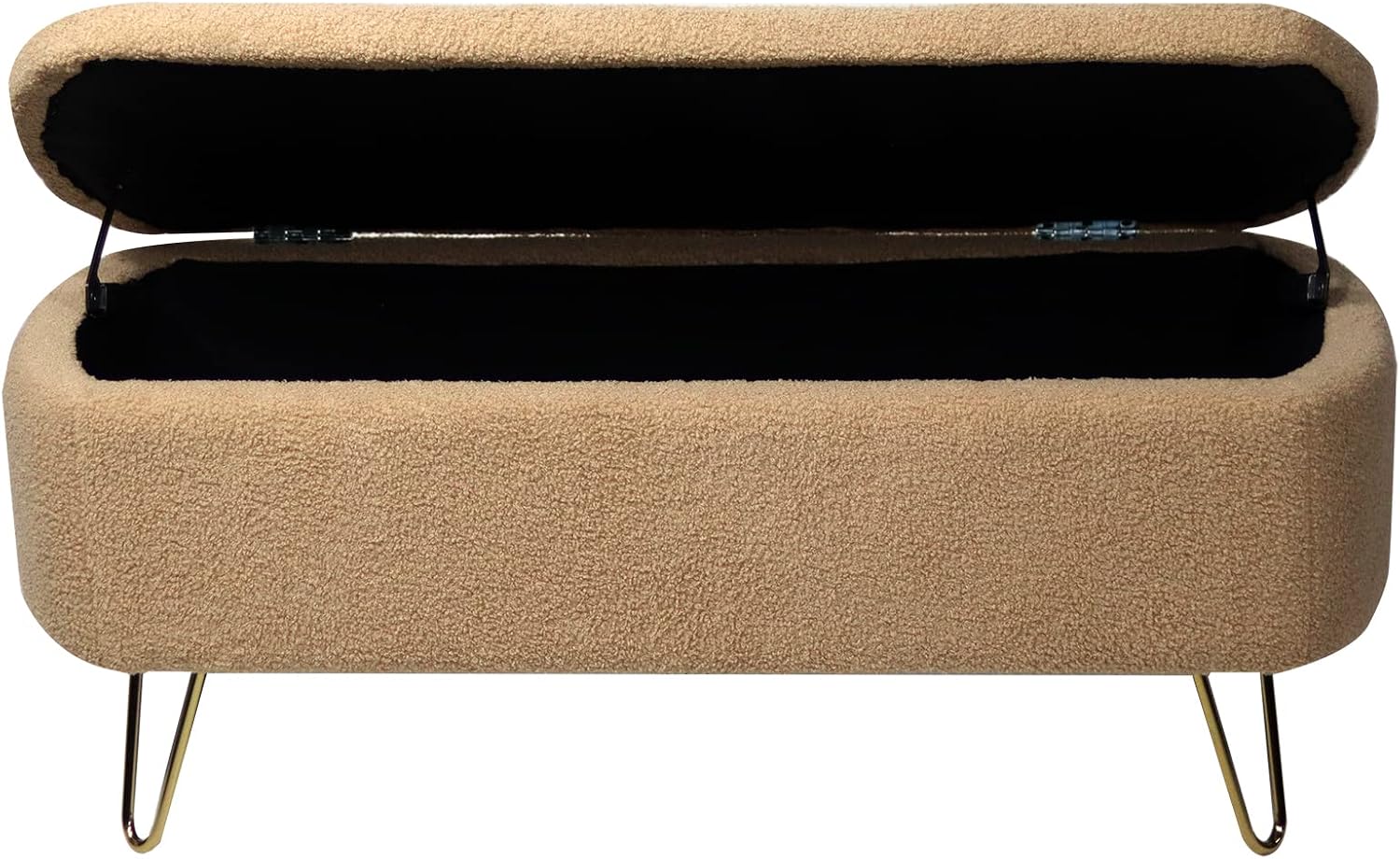 Storage Ottoman Bench for End of Bed Gold Legs, Modern Faux Fur Entryway Bench Upholstered Padded with Storage for Living Room Bedroom (Camel)