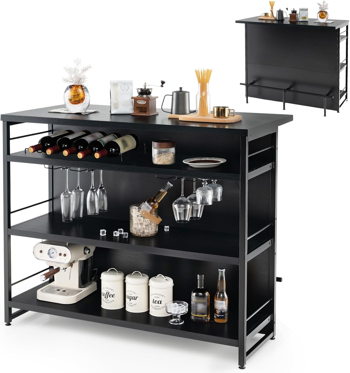 Giantex Home Bar Unit, 4 Tier Liquor Bar Table with Footrest, Wine Bottle Racks, Glass Holder, Industrial Corner Mini Coffee Bar Cabinet for Home Kitchen Pub (Black)