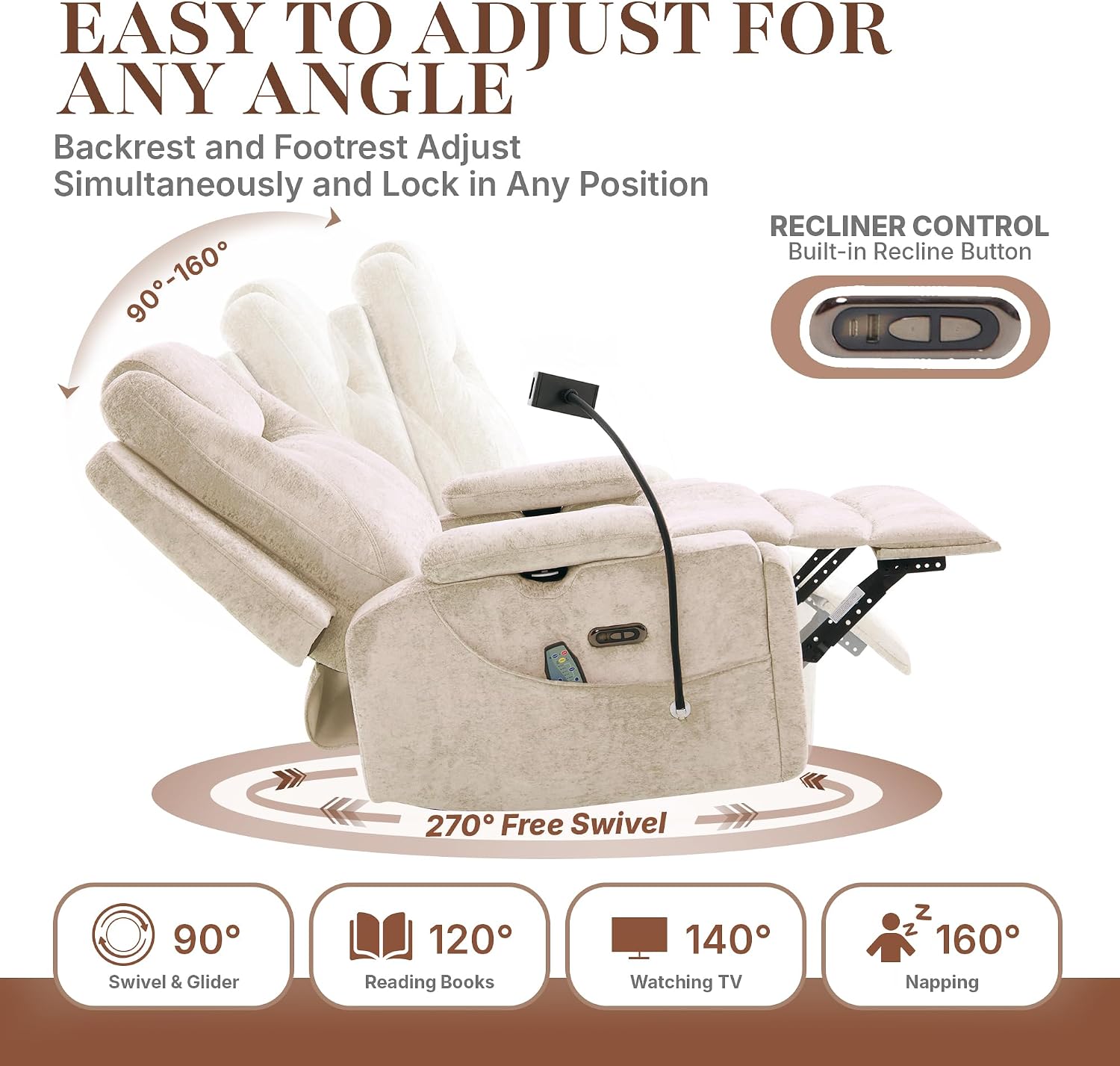 360° Swivel Rocker Recliner Chair for Adults, Rocking Chair Nursery with Massage and Heat, Chenille Fabric Recliner with Cup Holders & Side Pocket for Living Room