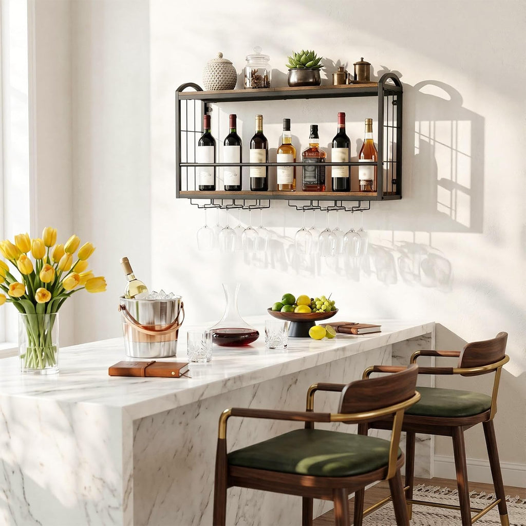 Wall Mounted Wine Rack, Floating Bar Shelf with 2 Tier Wood Shelves and Wine Glass Holder, Rustic Industrial Wine Storage Organizer for Kitchen Dining Room Home Bar (Model B)