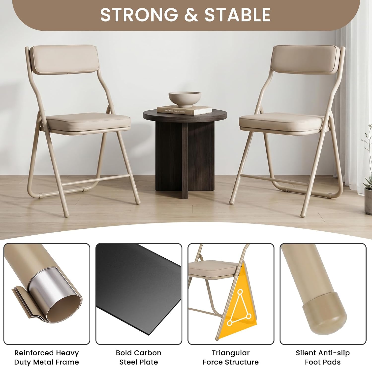 2 Pack Padded Folding Chairs with Cushion, Foldable Dining Chair Set Portable Indoor Outdoor Stackable Folding Chairs with Steel Frame for Home Office Events Wedding Party Khaki