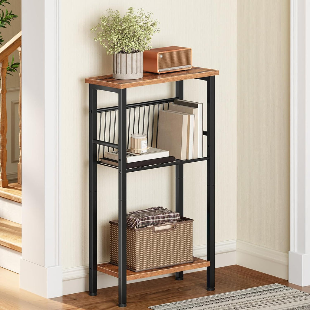 HOOBRO 15.7" Narrow Console Table for Small Space, 3 Tier Entryway Table with Adjustable Shelf, Behind Couch Table, Sofa Table, for Entryway, Hallway, Living Room, Rustic Brown and Black BF41XG01