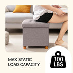 PINPLUS Storage Ottoman Cube, White Linen Footrest with Wooden Legs, Foldable Fabric Footrest, Comfortable Seat with Lid, Ottoman with Storage for Living Room, 15" x 15" x 15"，Grey