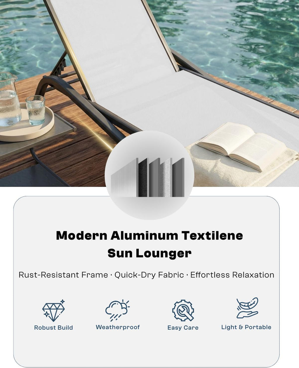 Patio Chaise Lounge Chairs Set of 6, All-Weather Aluminum Pool Loungers for Outside, 5-Position Adjustable Sunbathing Chairs for Tanning, Stackable for Backyard, Poolside, White