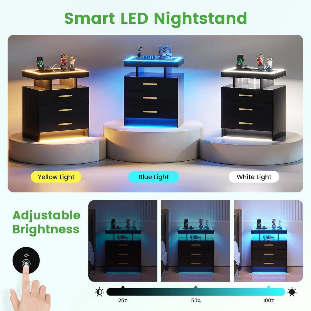 HNEBC Black Nightstand with 3 Drawers& Wireless Charging Station&LED Lights | Smart Bedside table with USB -C Port,3-Color Dimmable Light,Motion Sensor,Glass Top,Higt-Gloss for Bedroom,Ideal Home Decor