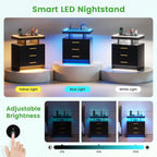 HNEBC Black Nightstand with 3 Drawers& Wireless Charging Station&LED Lights | Smart Bedside table with USB -C Port,3-Color Dimmable Light,Motion Sensor,Glass Top,Higt-Gloss for Bedroom,Ideal Home Decor