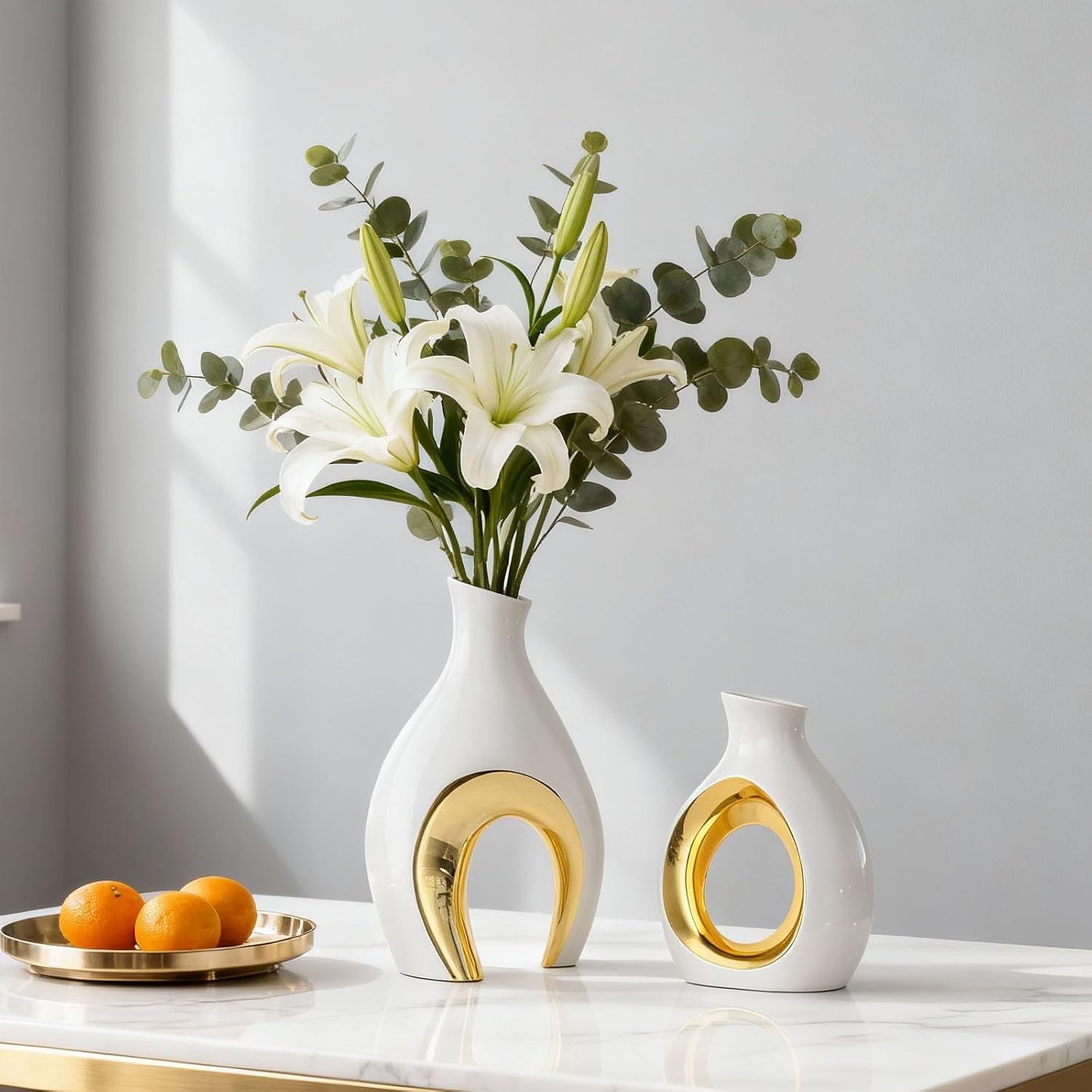 Hollow Ceramic Vase Set of 2,Nordic Modern Boho Decorative Ceramic Aesthetic Flower Vase for Home Decor,Minimalist Centerpiece Table Decorations,Wedding,Living Room,Bookshelf,Entryway (White Gold)