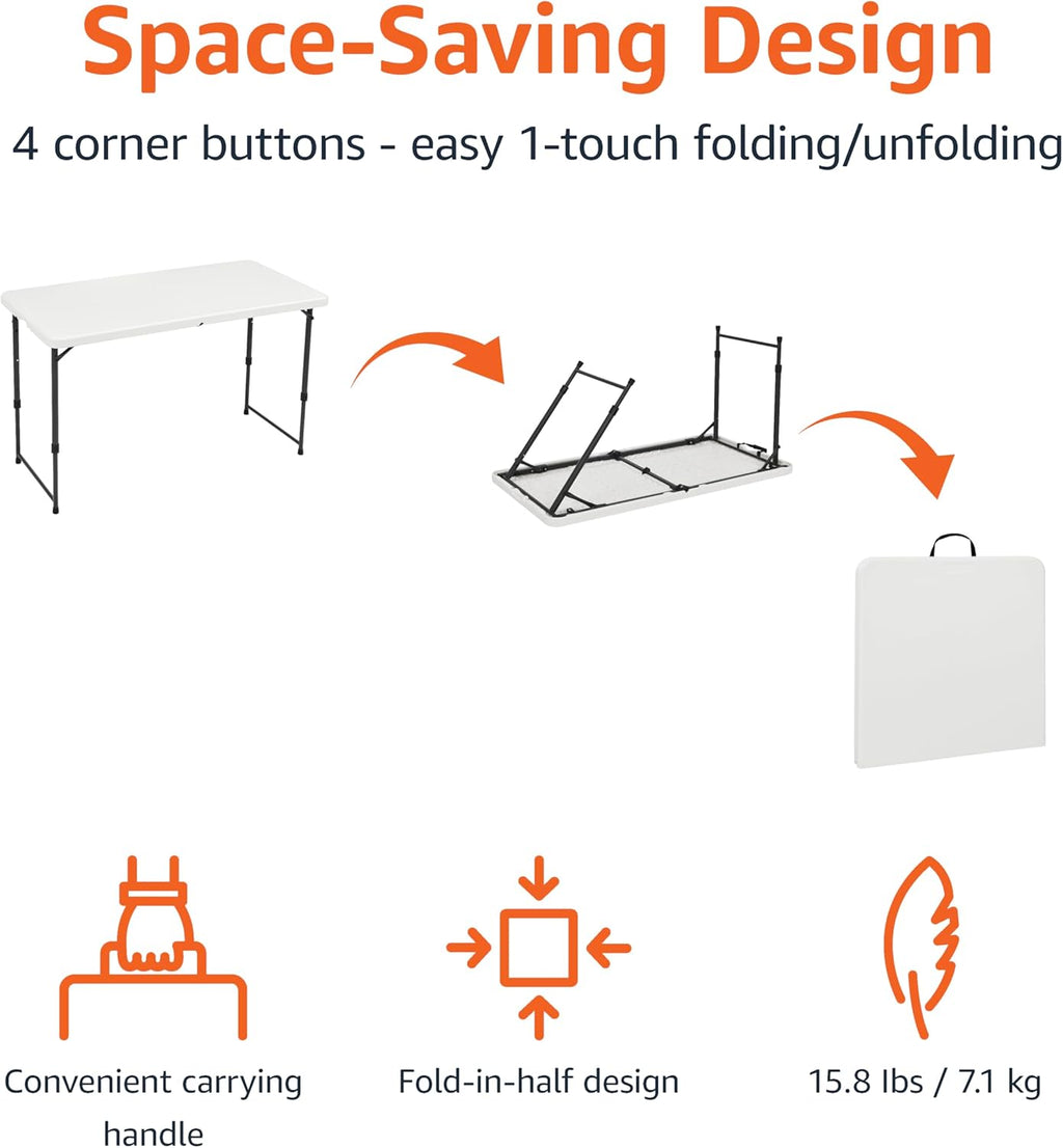 Amazon Basics Portable 4 Foot Rectangular Folding Dining Table, 4 Adjustable Height Settings, Carrying Handle, Indoor & Outdoor, Sturdy for Events, White, 47.8 x 23.9 x 33.9 in