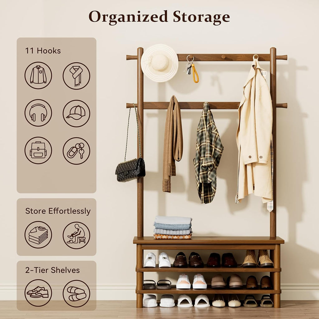 Hall Tree with Shoe Storage Bench, 3-in-1 Entryway Coat Rack with Bench, 11 Hooks, Freestanding Wooden Entryway Organizer for Mudroom, 35" Long