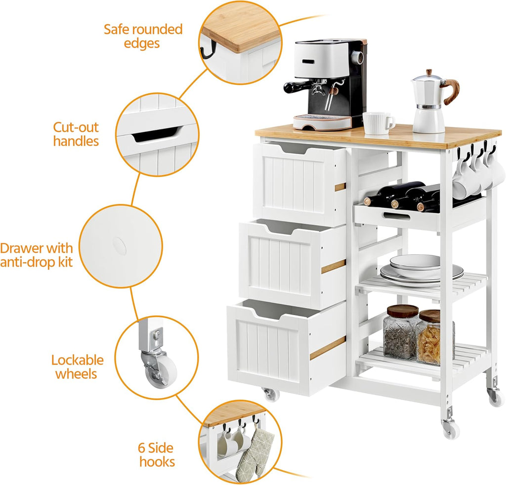 Yaheetech Kitchen Island Cart on Wheels, Rolling Storage Cart with Bamboo Countertop, 3 Drawers, 3 Removable Shelves & Lockable Casters for Dining Room, Bar, White
