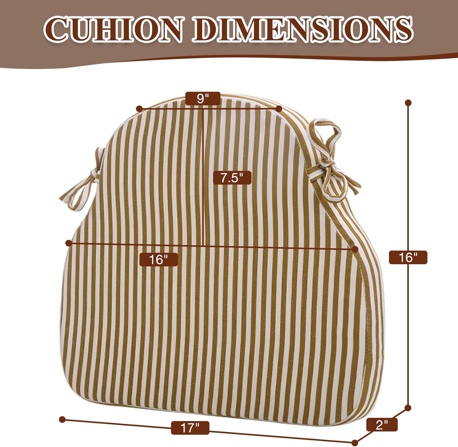 Brown Striped Winsor Chair Cushions with Ties, Dining Kitchen Chair Seat Pads Non Slip Removable Washable Cover 17"x16" Set of 2