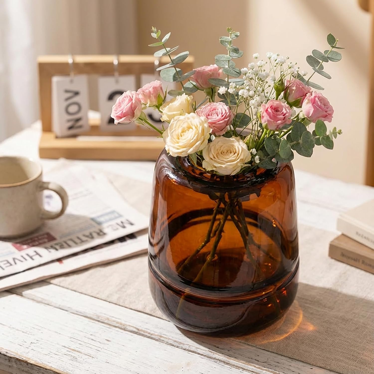 Relexome Amber Glass Flower Vase for Centerpieces Flowers 6.7 Inch Round Modern Glass Bud Vase Decorative Vases for Home Decor, Living Room, Dining Table, Entryway, Shelf, Office