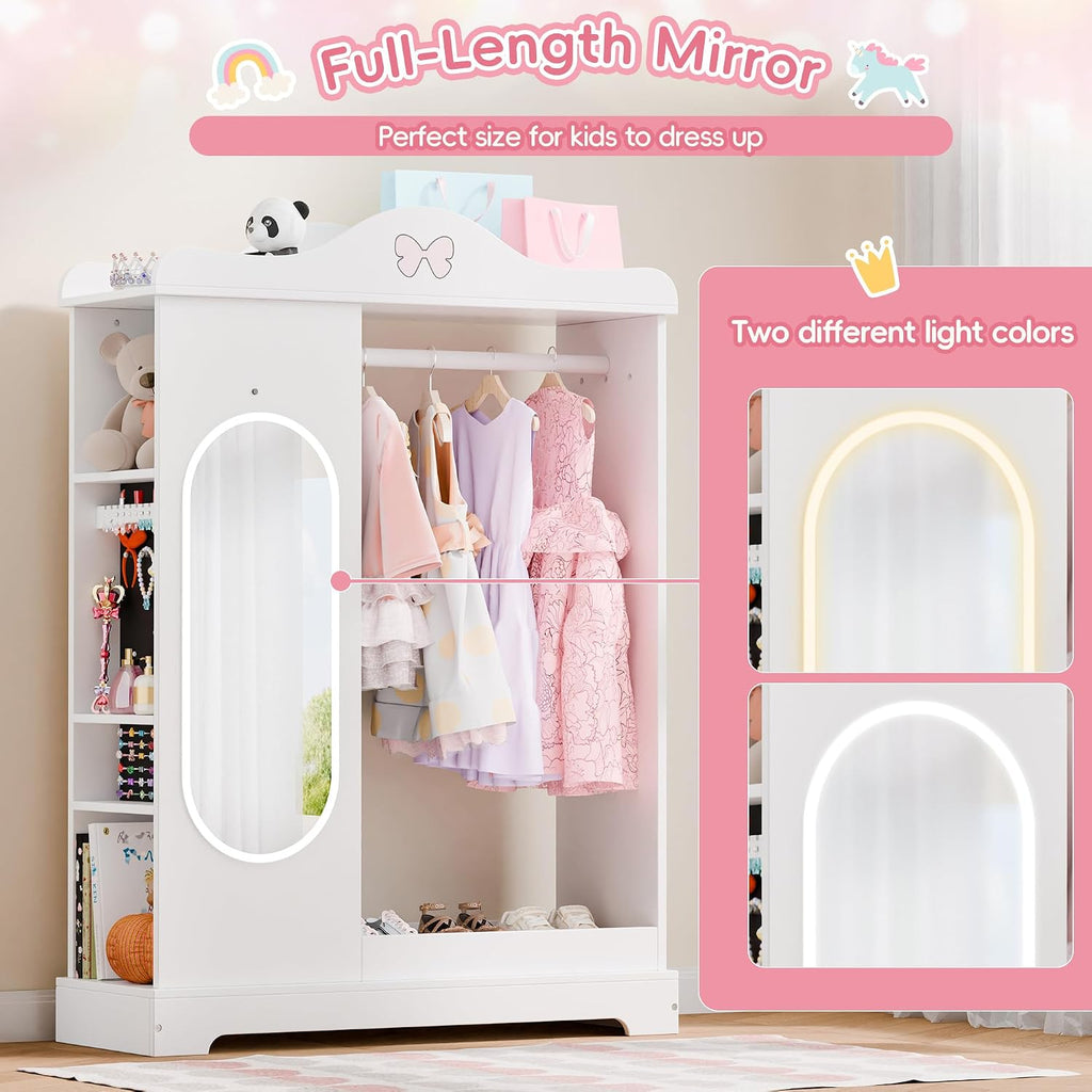 Xilingol Kids Armoire Dress Up Storage with Full-Length Mirror and Light, Kids Wardrobe Closet with Jewelry Cabinet and Storage Shelves, Open Hanging Armoire Costume Organizer for Bedroom (White)