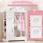 Xilingol Kids Armoire Dress Up Storage with Full-Length Mirror and Light, Kids Wardrobe Closet with Jewelry Cabinet and Storage Shelves, Open Hanging Armoire Costume Organizer for Bedroom (White)