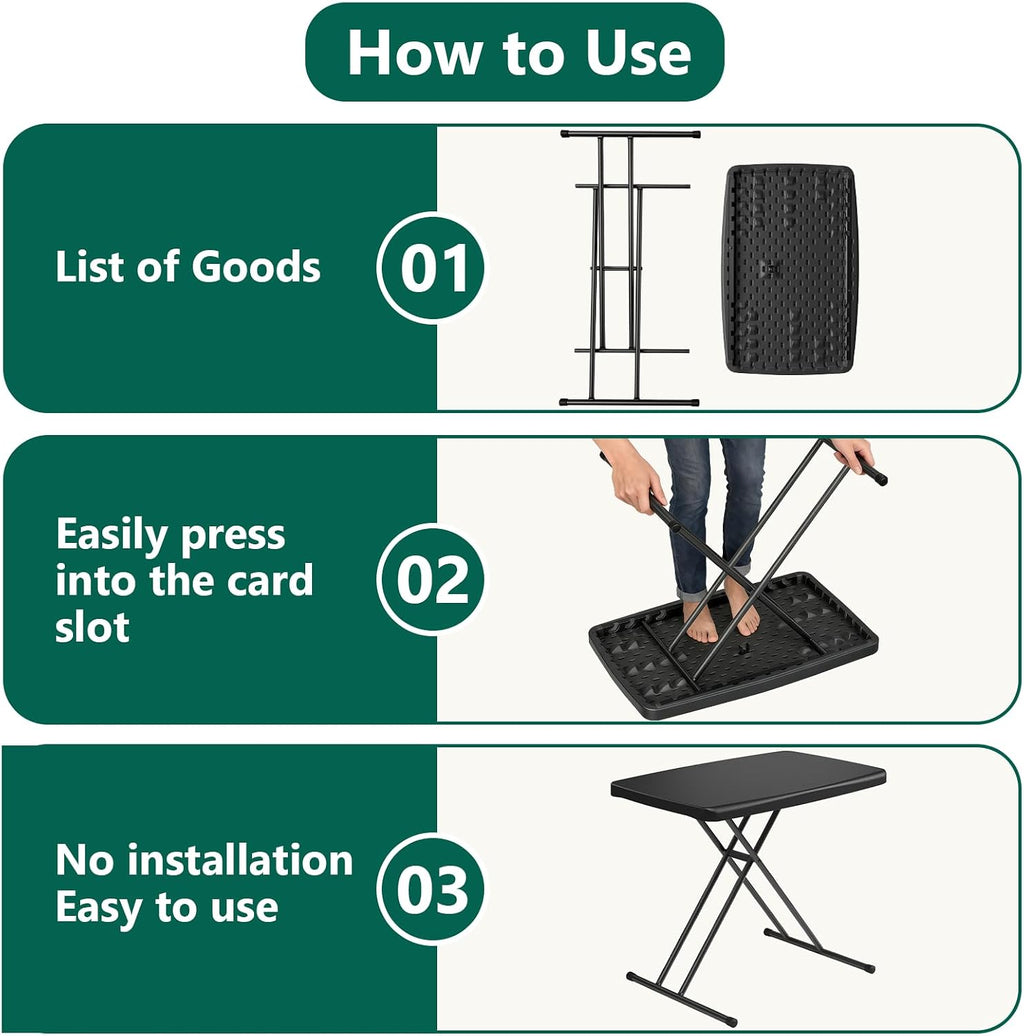 30 Inch Folding Table, Adjustable Height TV Tray for Small Spaces, Heavy Duty Foldable Utility Table for Laptop, Dining, Camping, No Assembly, 200 lbs Capacity, Black Granite